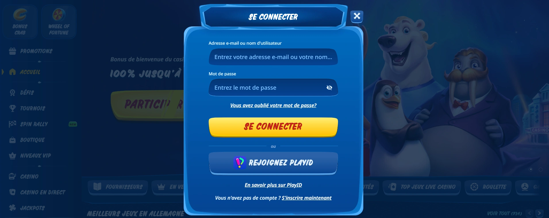 Page de connexion sécurisée SGCasino