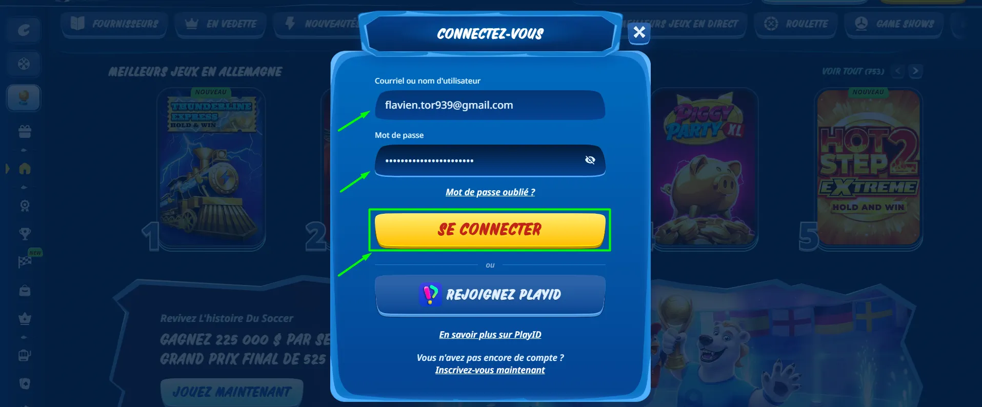 Formulaire de connexion SGCasino